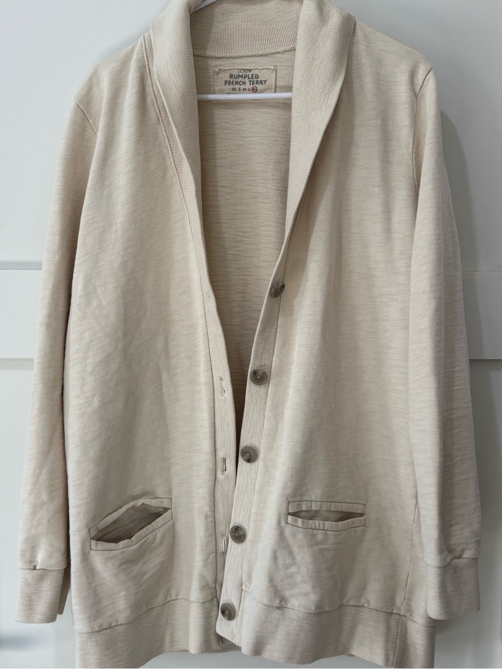 J. Crew Rumpled French Terry Shawl-Collar Cardigan in Light Beige